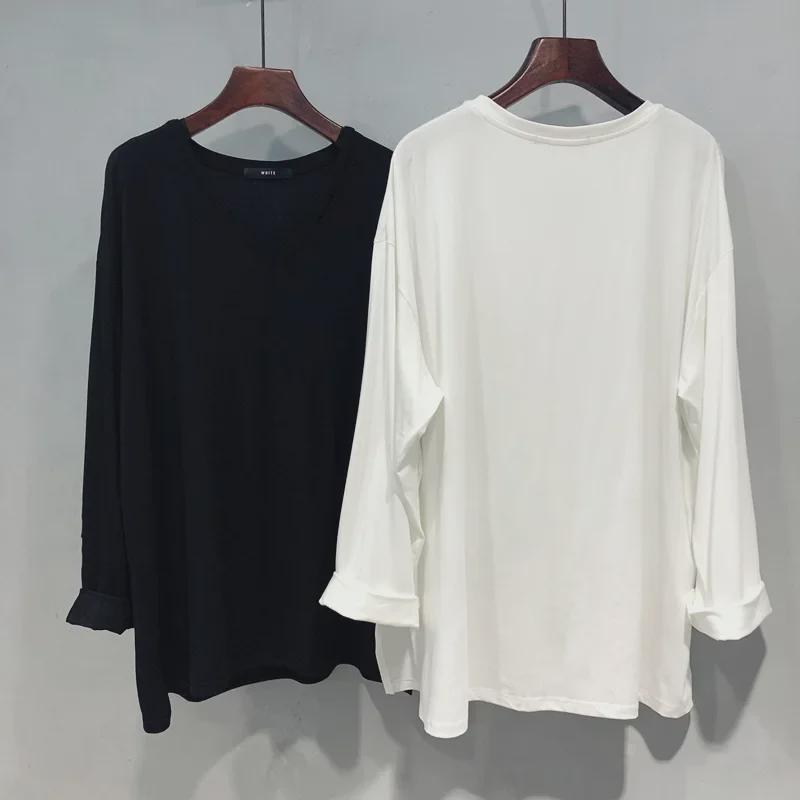 2025 Trendy European Women's V-Neck XL Long-Sleeve T-Shirt, Spring/Autumn, Loose Fit, Belly-Covering, Up To 300 Lbs