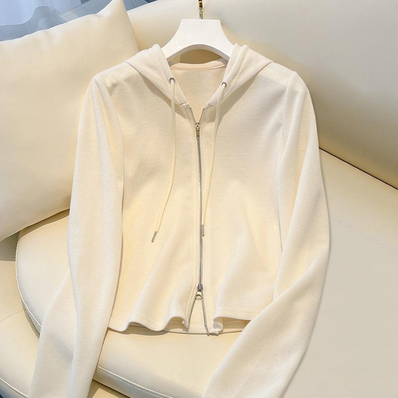 Apricot Hooded Sweatshirt for Women In Autumn and Winter Double Zipper Cardigan Jacket Latest Everyday Short Top