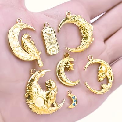 6 Stück Klassischer Mond Anhänger 18K Echtgold Beschichteter Edelstahl Charms Für Schmuckherstellung Luna Stern Eule Hexe Charm DIY Breloque