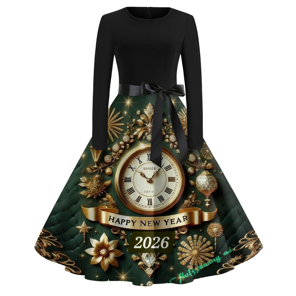 Women's Casual Fashion Round Neck Long Sleeve New Year Printed Retro Dress