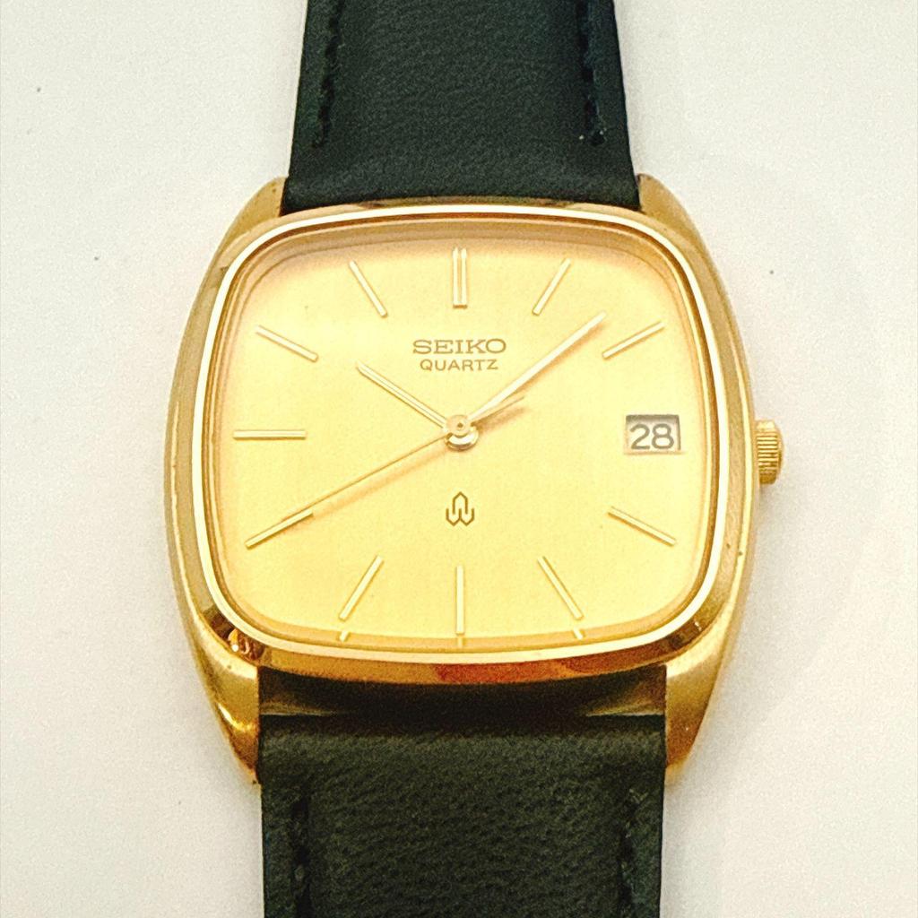 Used B199 [Working, Excellent Condition, 1981 Vintage, New Belt] SEIKO Quartz Gold-Tone Tonneau Case Men's Watch