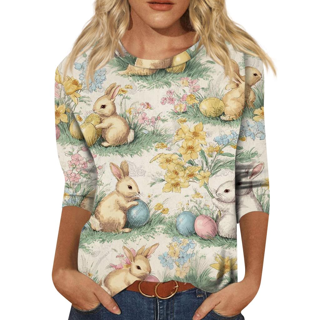 Women's Fashionable Casual Three-quarter Sleeve Easter Print Round Neck Pullover Top
