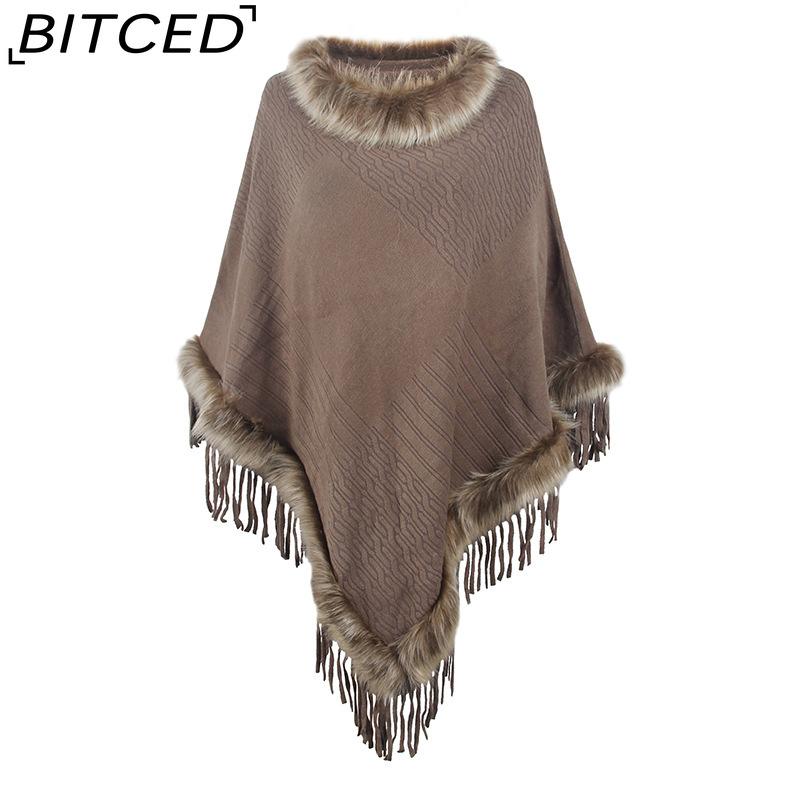 

BITCED Knitted Fringe Cape for Women - Autumn/Winter Solid Colour Oversized Pullover Shawl Coat F темные хаки