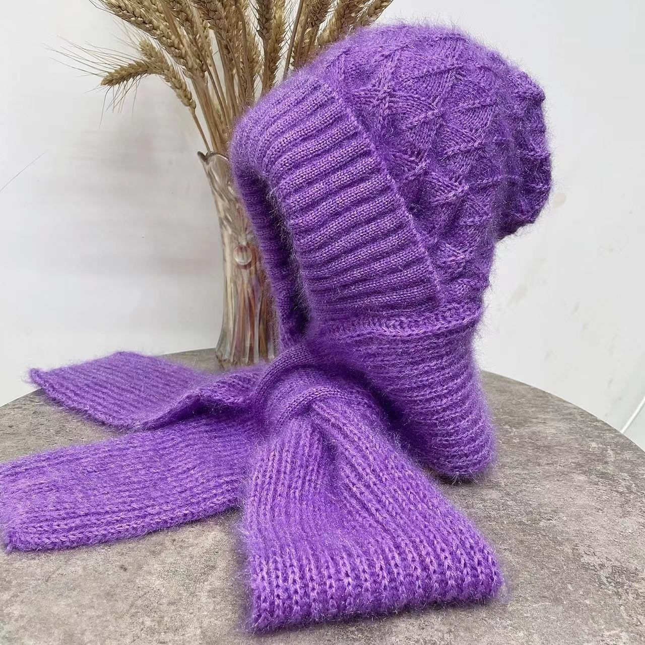 

Autumn Winter Squirrel Wool Double Layer Knitted Fleece Lined Inserted Phoenix Tail Pattern One Piece Scarf Windproof Snow Hat Cold Proof Thickened