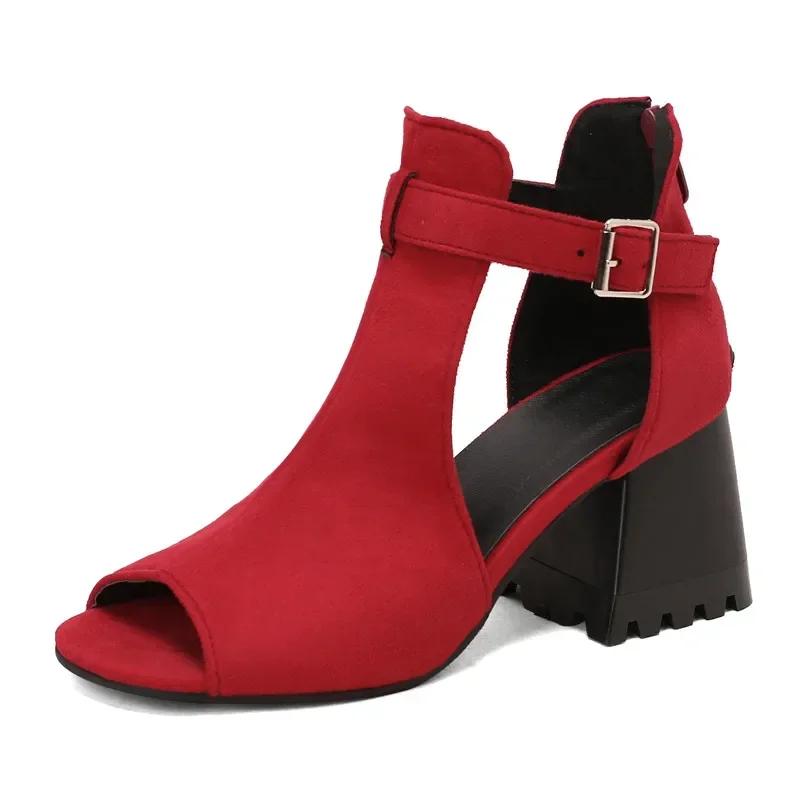 Fashion Women Gladiator High Chunky Sandals Blue Denim Red Leopard Suede  Summer Party Lady Peep Toe Buckle T-strap Zipper Shoes