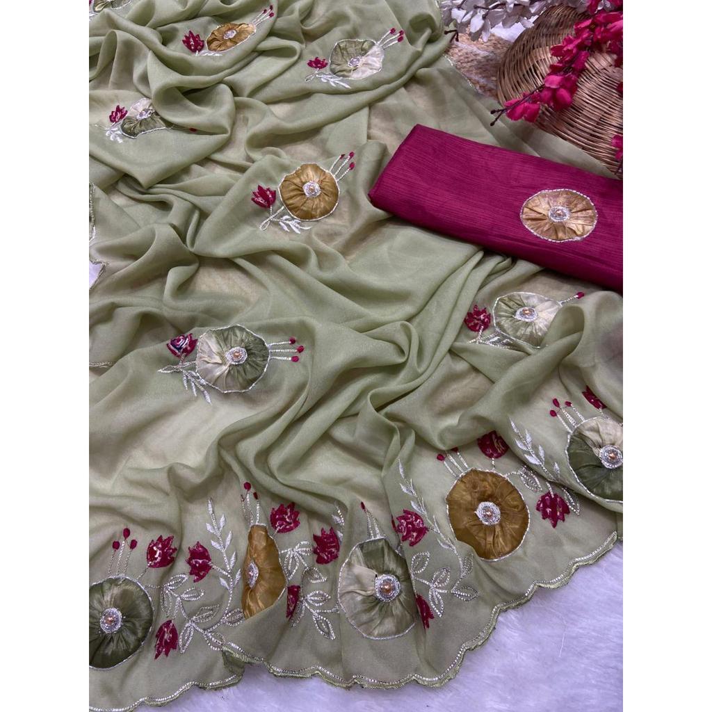 Saree Crunchy Chiffon With Gota Paty Work & Butta Moti Work With All Over Aarco