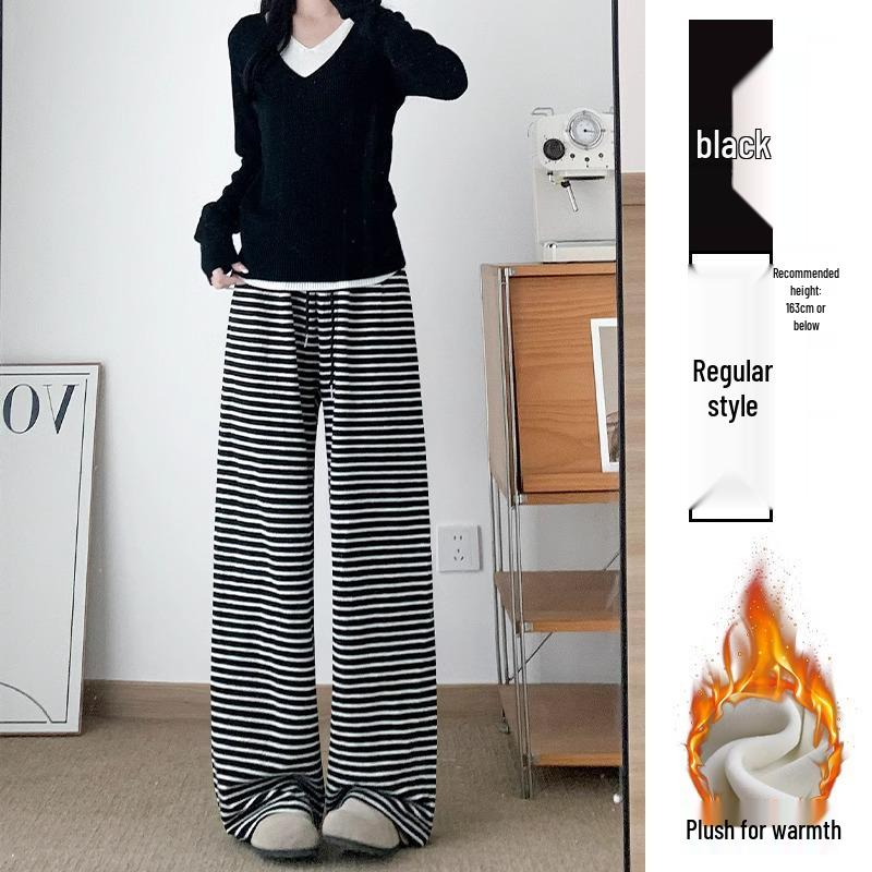 Lazy Style Black & White Striped Fleece-Lined Wide-Leg Pants: Petite-Figure Flattering, Autumn/Winter Casual Floor-Length Design