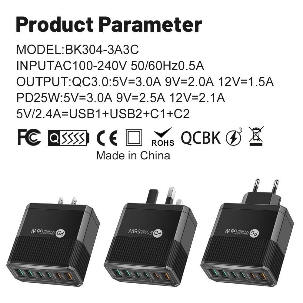 PD55W Multi-Port Fast Charger with QC3.0 for EU, US, UK Standards