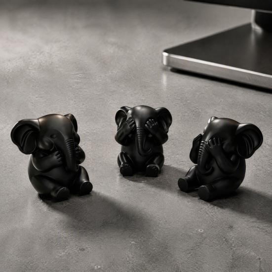 Matte Black Elephant Statues 3Pcs Elephants Figurine, 3D Printed No See Hear Speak Modern Desktop Ornaments Statues, Minimalist for Office Bedroom