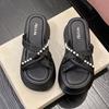 Sandals Fashion Casual Thick-soled Medium Heel 2025 Slippers Women's Outer Wear New Small Height Increase Summer Pearl Lazy