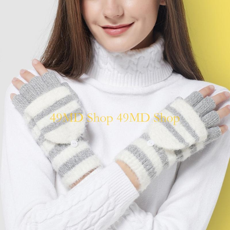 49MD Knitted Fingerless Gloves Winter Striped Gloves Cartoon Mitten with Top