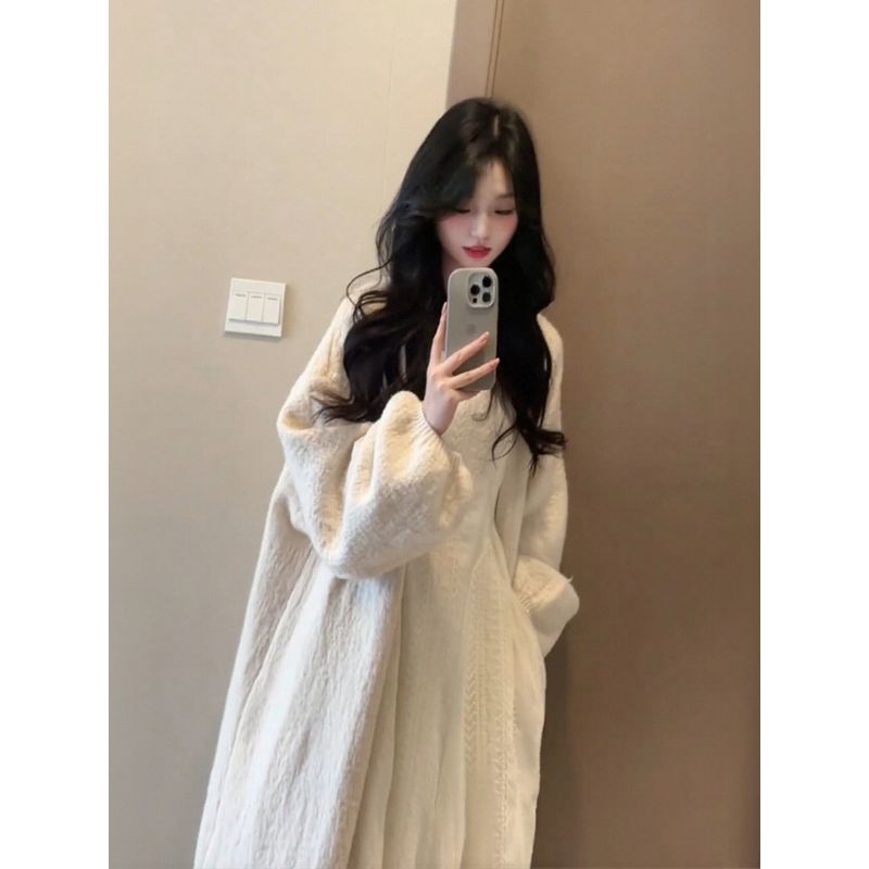 2026 Early Spring Korean Chic Style Complete Set of Gentle and Lazy Style Mid-Length Pink Cardigan Long-Sleeved Dress Set