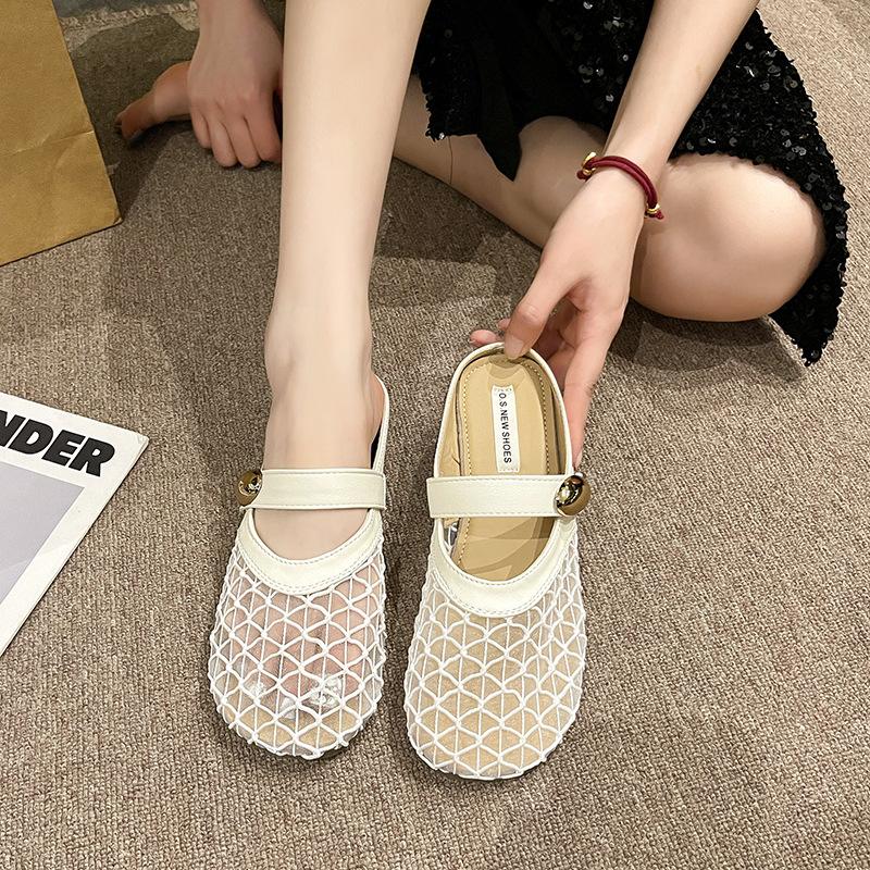 French flat-bottomed bag head half slippers women's summer wear 2025 new one-pedal with skirt single shoes fishing net cool slippers