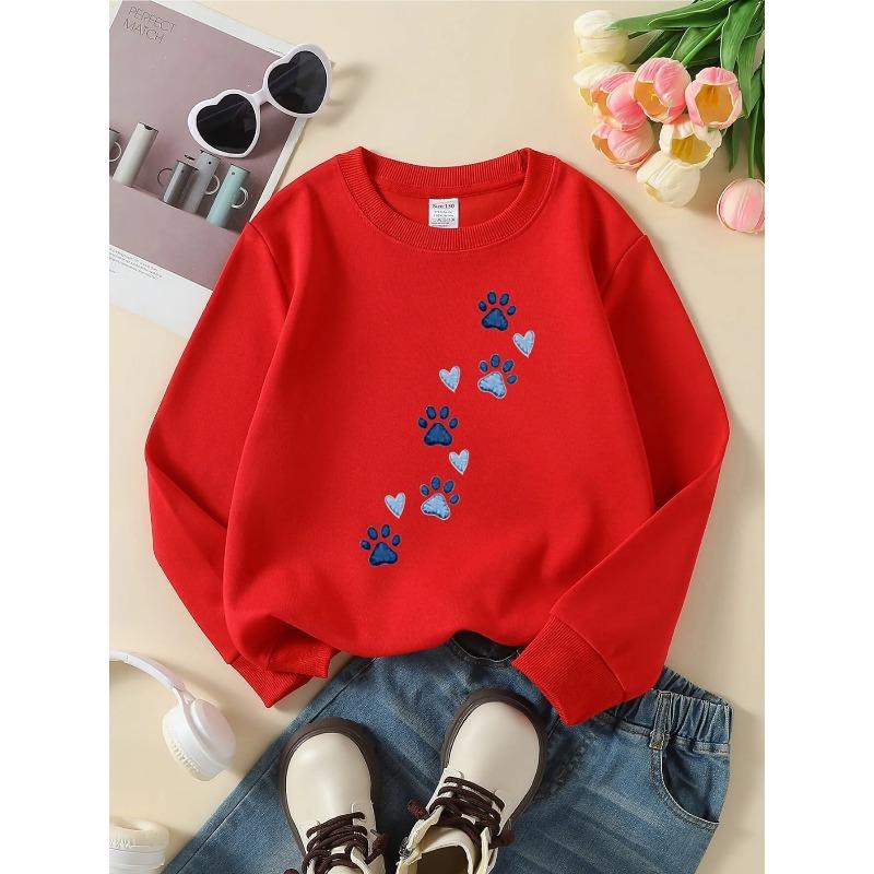 Kids Crewneck Sweatshirt, Paw Prints & Hearts Graphic Print, Spring Autumn Casual Sport Tops