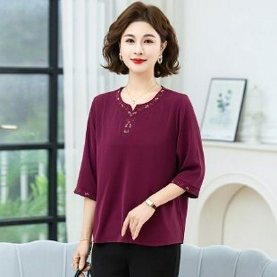 2026 Fashionable Chinese Style Short Sleeve T-shirt for Middle-aged and Elderly Women - Summer Temperament Top