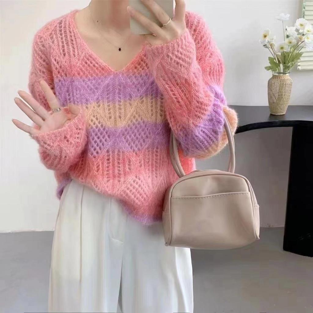2024 European Loose Gradient V-neck Knit Sweater for Women - Autumn Sweet Style
