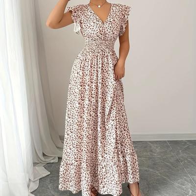 Ladies Floral Print Miniature Sleeve Waist-Cinching Maxi Hem Vacation Dress Elegant Sexy Commute Appropriate