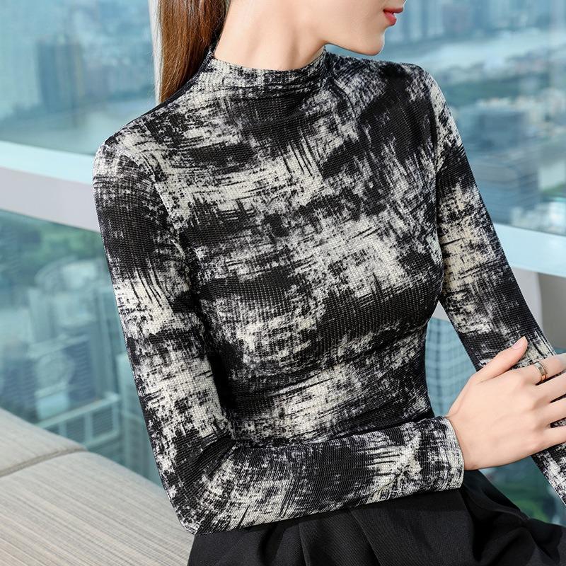 

Printed mesh top women s new women s clothing black semi-turtleneck inner slim-fit high-end long-sleeved bottoming shirt 3XL чорний
