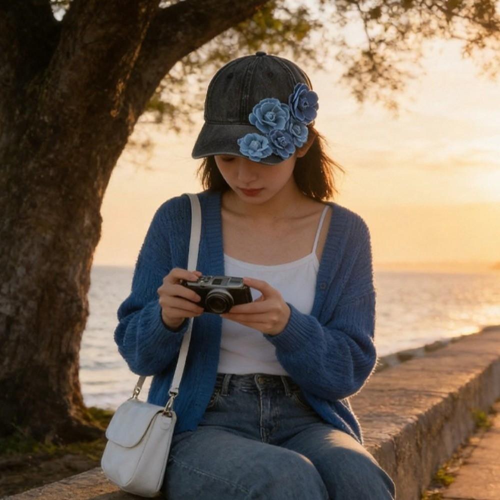 Solid Color Denim Baseball Cap 3D Floral Decor Floral Decor Hat Duckbill Cap Sun Protection