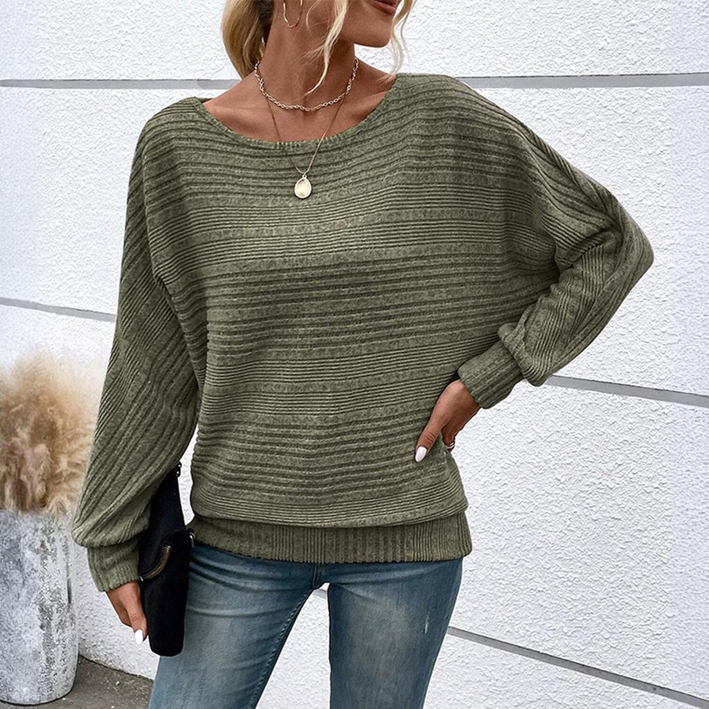 Women's Fashionable Solid Color Round Neck Long Sleeved Casual Pullover T-shirt Top