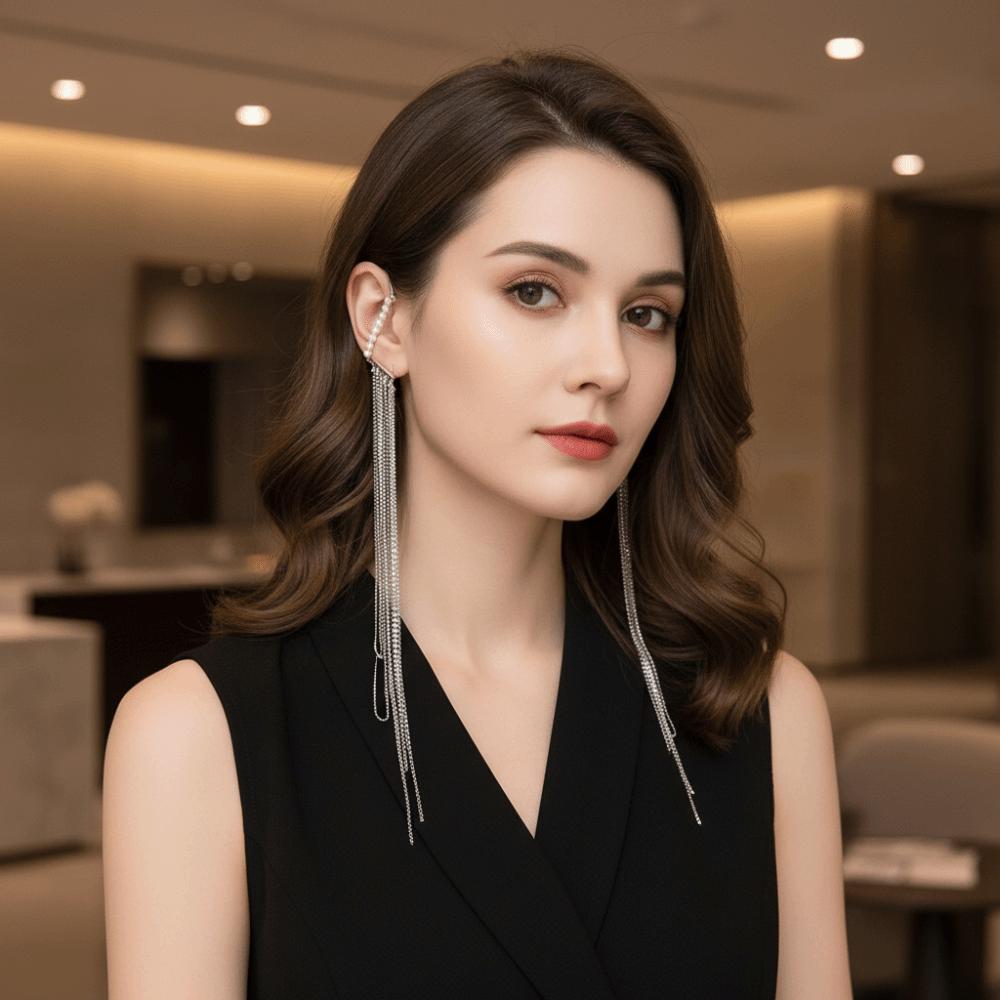 Imitation Pearl Long Fringed Ear Clips Exaggerated Fake Cartilage Earrings  Commuting Accessories