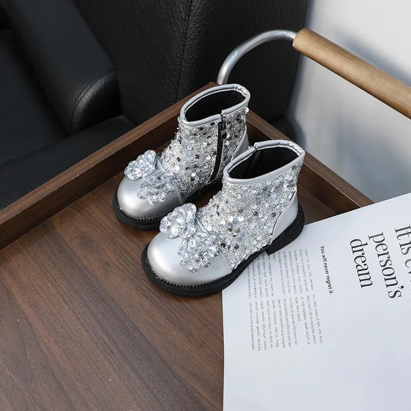 Luxury Girl's Ankle Boot Sequins Elegant Children's Causal Boots Fashion Spring Autumn Kids Short Princess Boots New Versatile