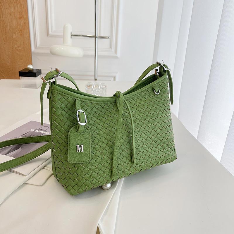 Damen Grün Gewebte PU-Leder Umhängetasche, Lässige Schulterhandtasche mit Verstellbarem Riemen, Modische Tägliche Tasche für Damen, Leichte Messenger Bag