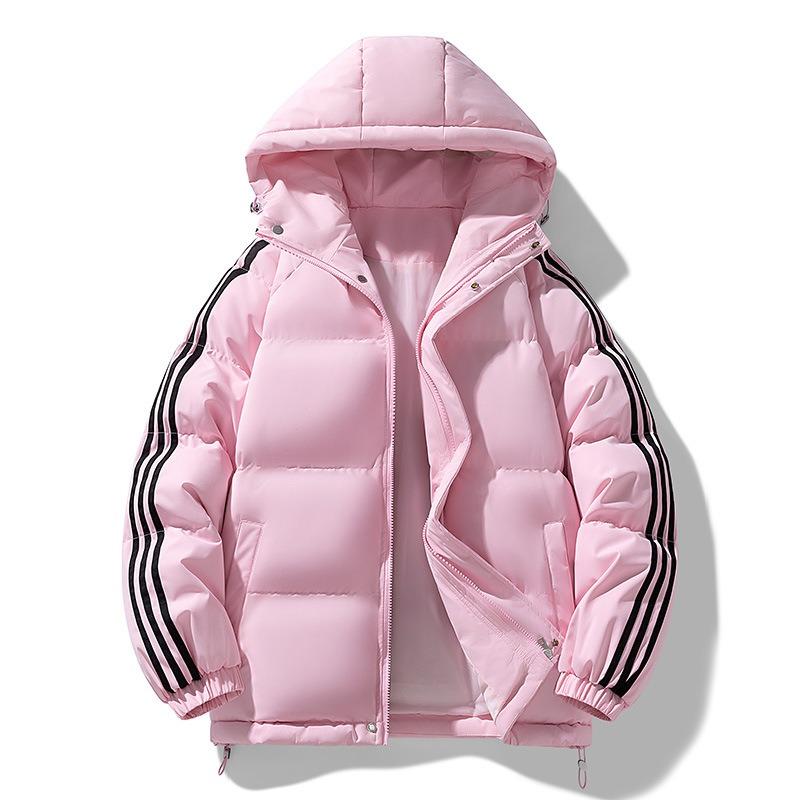 Can Print OO Fake Two-piece Cotton-padded Clothes, Men's and Women's Winter Loose Cotton-padded Clothes, Couple's Casual Hooded Striped Jacket