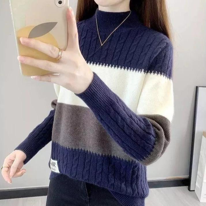 Half Turtleneck Knitwear for Women Loose Thickened Color-blocked Sweater Autumn and Winter Casual Top Pullover Winter Knitted Sweater