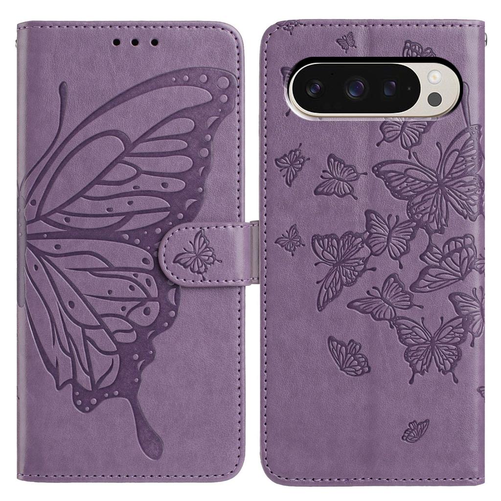 Wallet Ständer Hülle für Google Pixel 9/9 Pro/10 Pro PU-Leder Flip Handyhülle mit Schmetterlingsaufdruck und Trageband