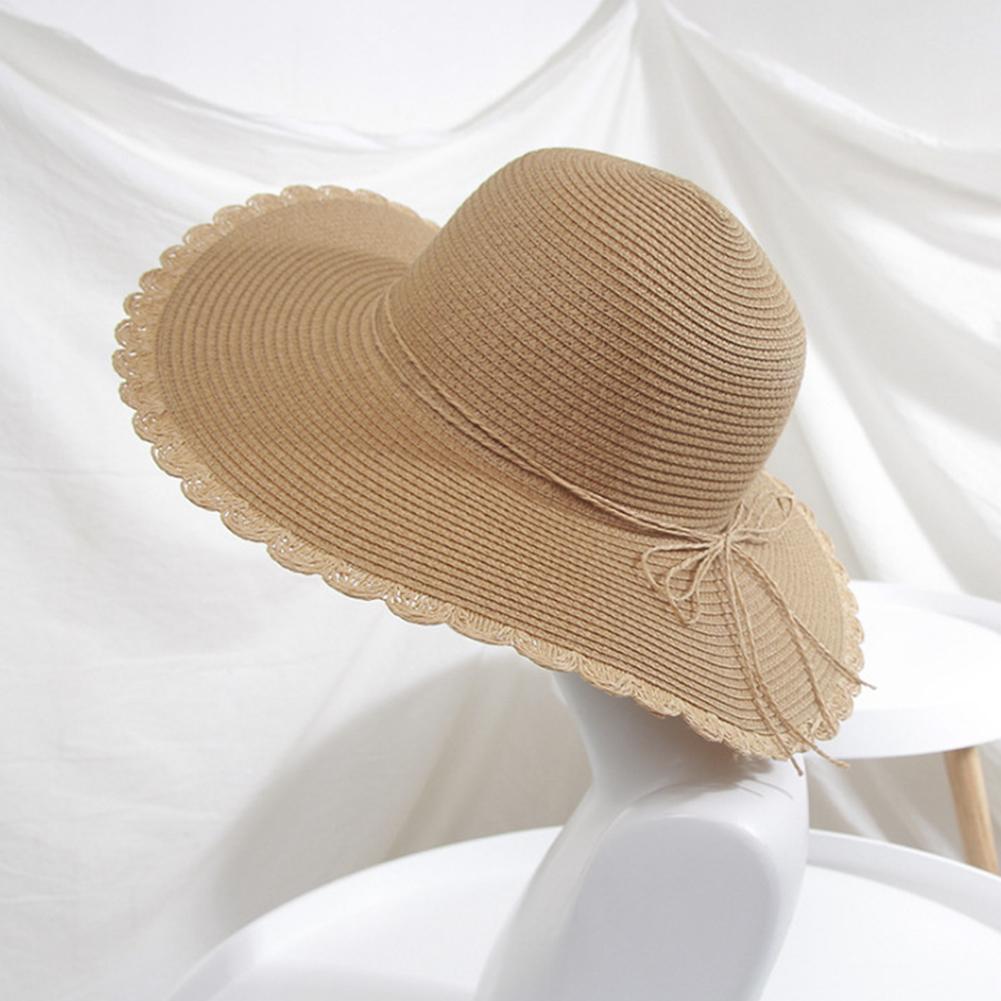 Women Summer Folding Sunscreen Wide Brim Cap with Bowknot for Seaside Beach