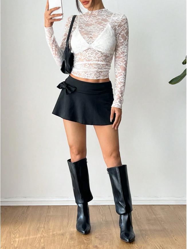 Elegant Long Sleeve Rose Lace Hollow Top - Women's French Design 2025