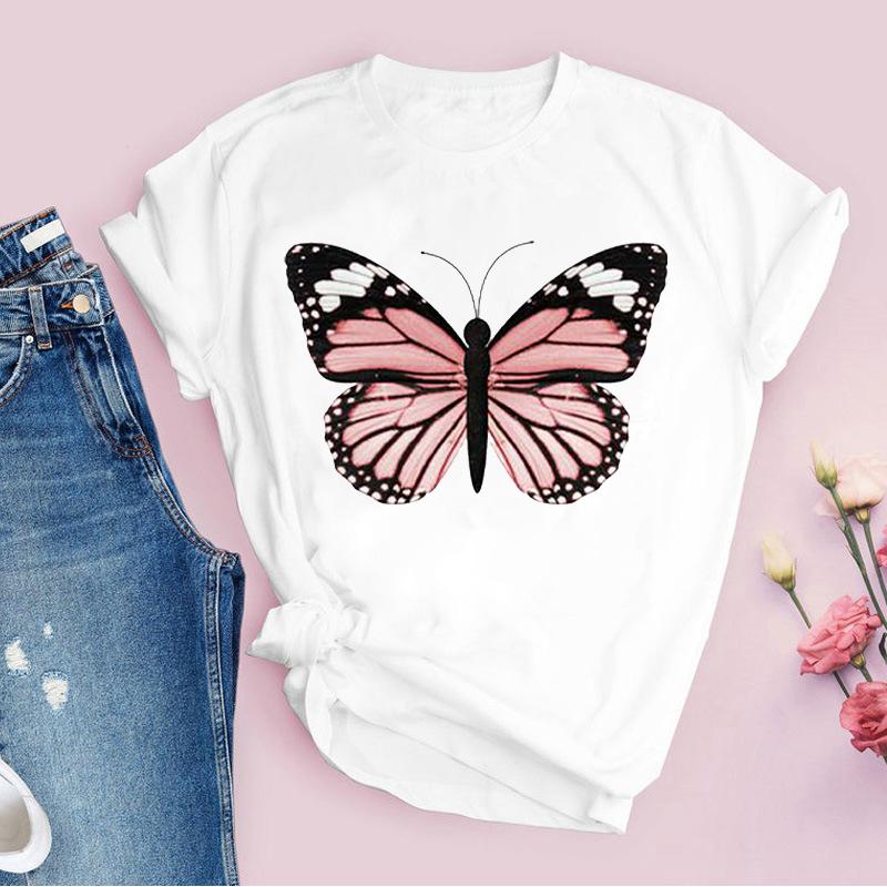 Fashion 2025 Women T-Shirt Pink Beautiful Butterfly Graphic Print Female T Shirt Casual Harajuku Short Sleeve Kawaii Ladies Tops