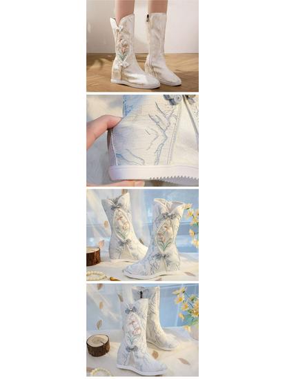 Vyšívané zimní Hanfu kozačky po kolena: Etnický styl, Plyšová bavlna, Vnitřní zvýšení výšky