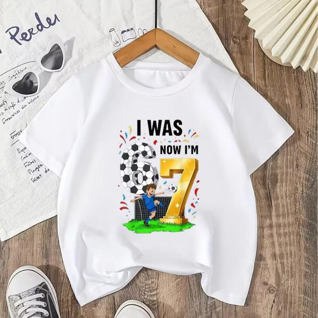 Boys Crew Neck Short Sleeve T-Shirt with Soccer Background Number 6 & Golden Number 7 Print