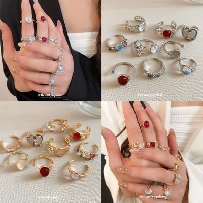 Diamond-set Resin Pleated Oval Open Ring Set Temperament Ring Design Sense Niche Index Finger Ring