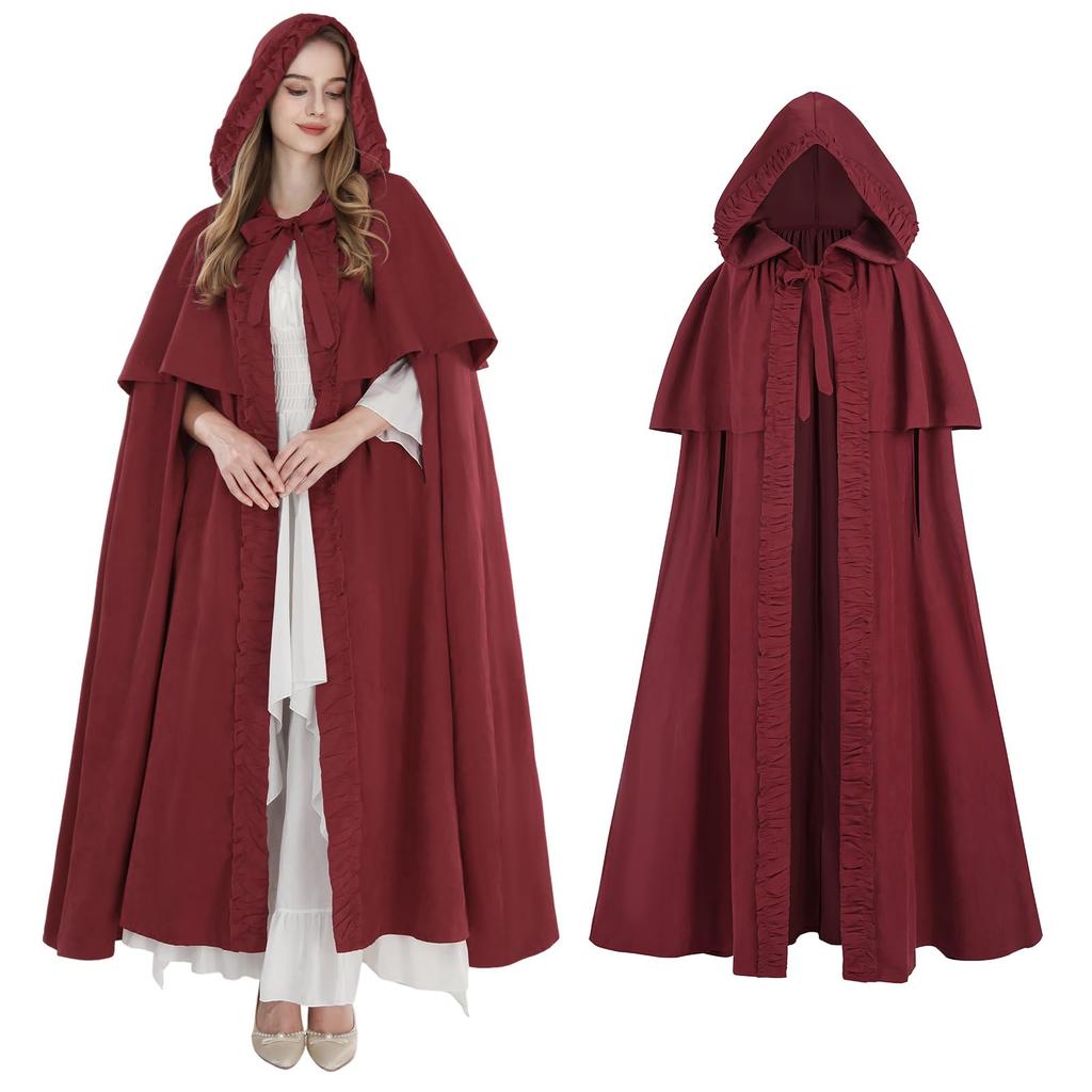 [Kami-Yu-Hyaku] Long Witch Cape with Hood, Medieval Vintage Cloak for Halloween Cosplay (Red, L)