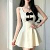 Korean Princess Style Hollow Bow Suspender Dress Women's Small Man Beautiful Waist Fluffy Short Skirt Summer