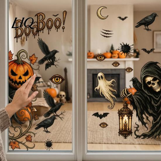Nightmare Theme Room Decor 6Pcs Halloween Window Stickers, Ghost Pumpkin Grim Reaper Wall Decals, Large Decorative Scene Murals Self-Adhesive