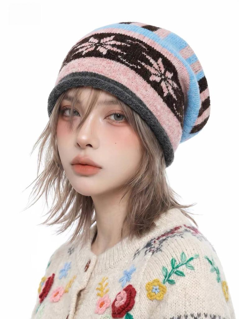 Winter Retro Fair Isle Jacquard Knitted Hat Women Plush Rolled Cuff Thickened Warm Beanie Pullover Cap