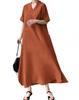 Long Plus Solid Dress for Commuting [Chobof] Women's Short-Sleeved Loose-Fitting Dress, A-Line, V-Neck, Sizes, Summer, Figure-Flattering, Slimming,