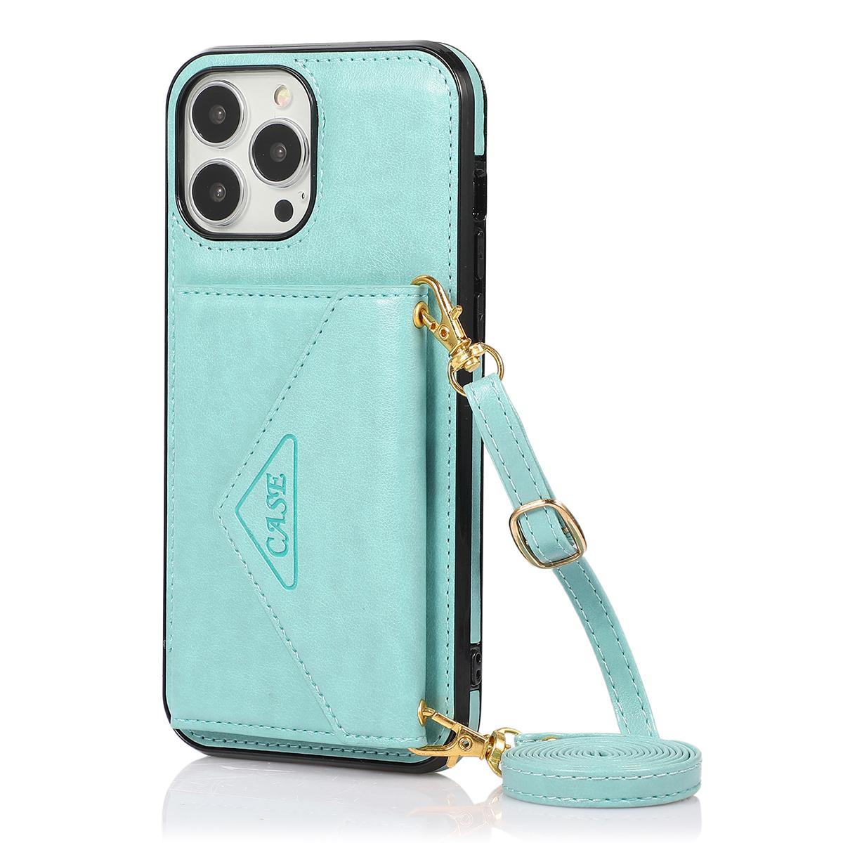 

For iPhone 16 Pro Max Cell Phone Case Triangle Lid Card Bag Leather+TPU Cover with Long Strap Green