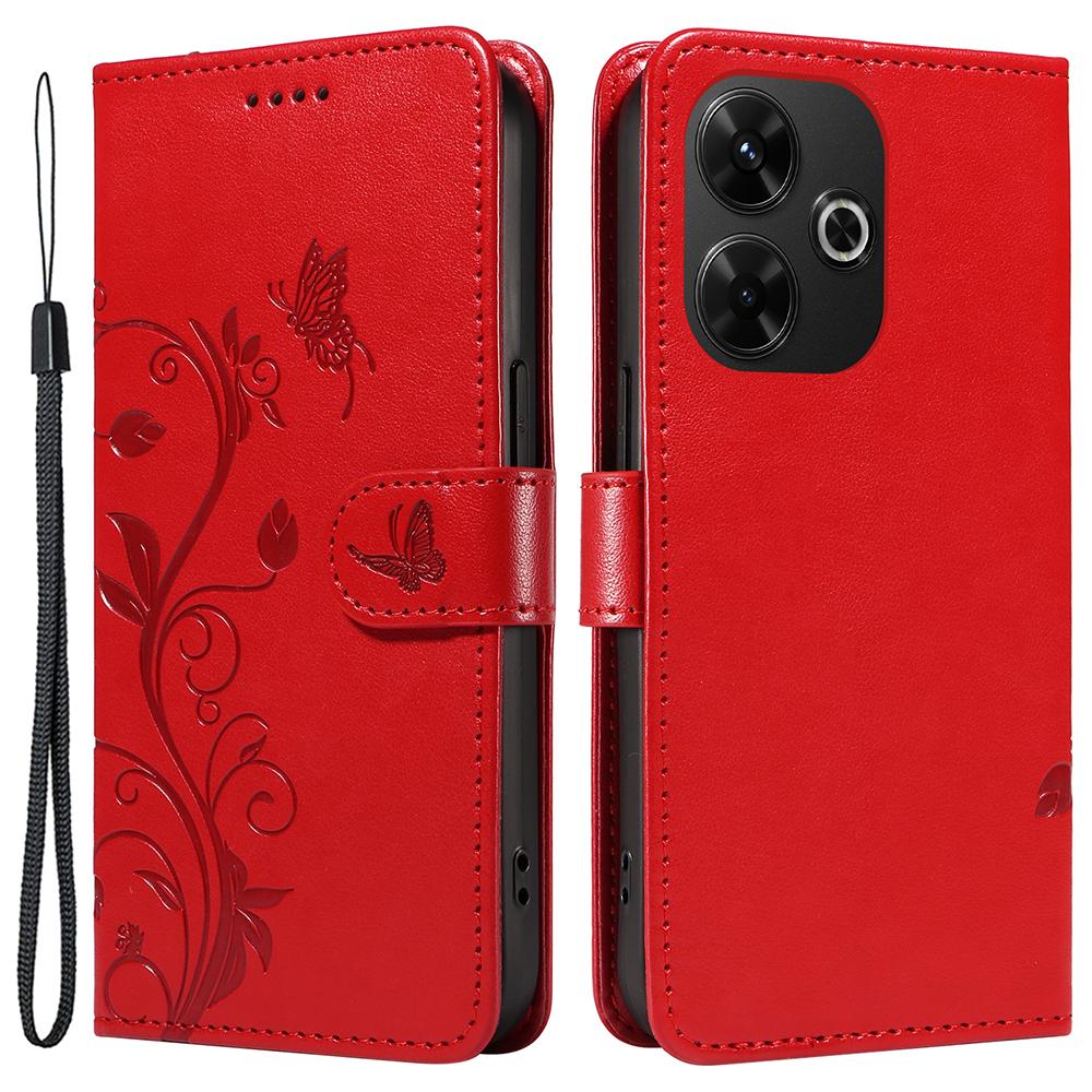 

For Xiaomi Redmi 13 5G/13 4G PU Leather Cases Flower Pattern Wallet Stand Phone Cover with Strap Red
