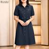 ZANZEA Women Casual Turn Down Collar Solid Color Short Sleeve Dress