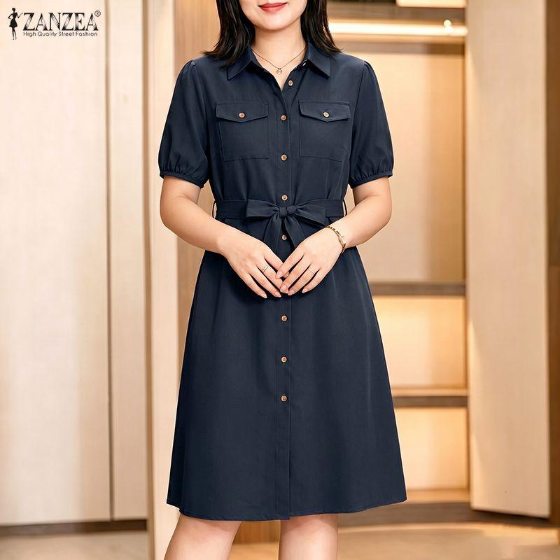 ZANZEA Women Casual Turn Down Collar Solid Color Short Sleeve Dress