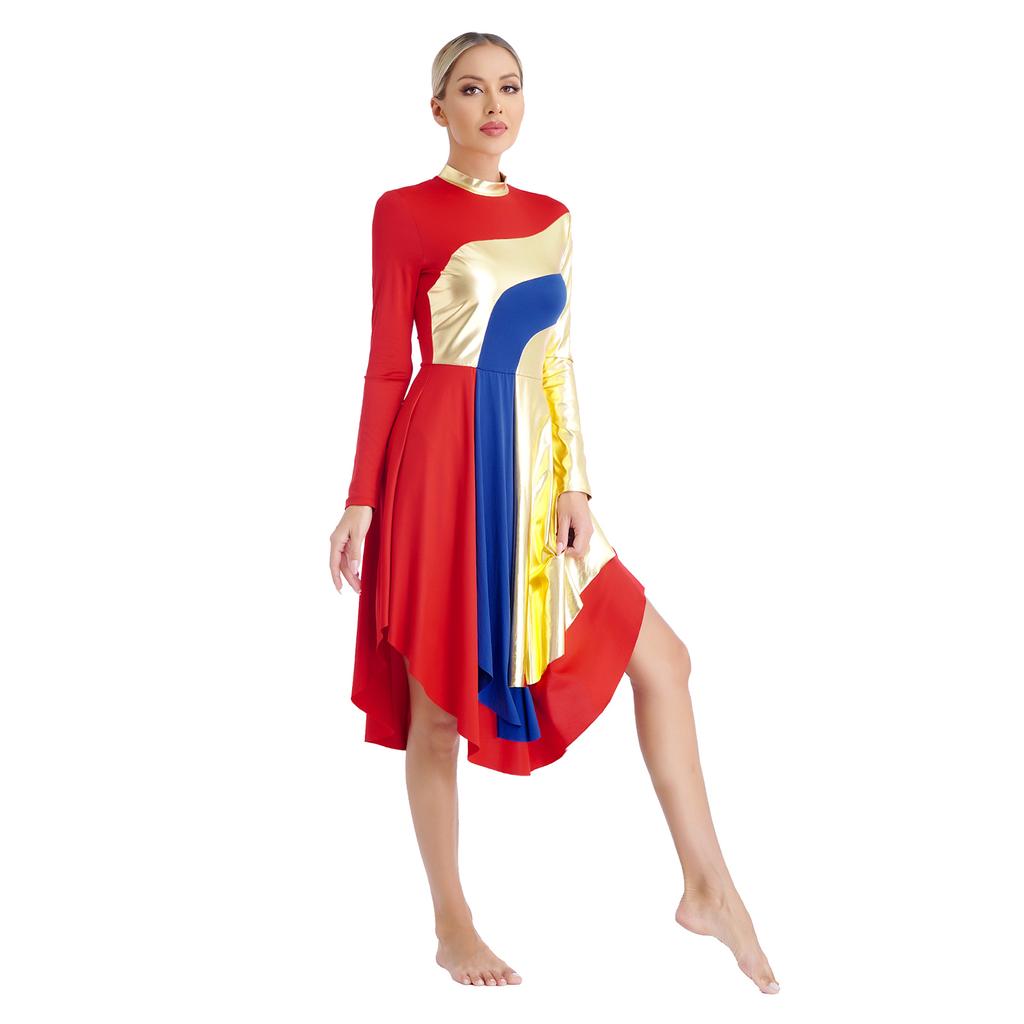 Women Color Block Liturgical Praise Dance Dress Church Worship Costume Lyrical Irregular Hem Dancewear