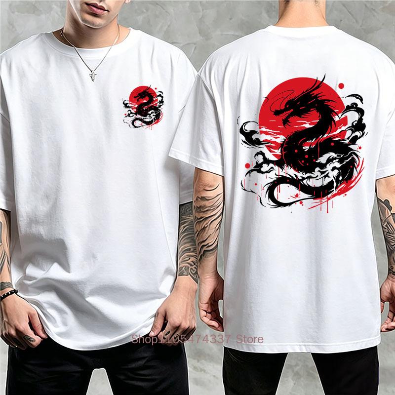 Japanese Dragon Print Tshirt For Unisex Summer Casual Fashion Harajuku High Street Tops Vintage Crew Neck Short Sleeve Cotton Tees