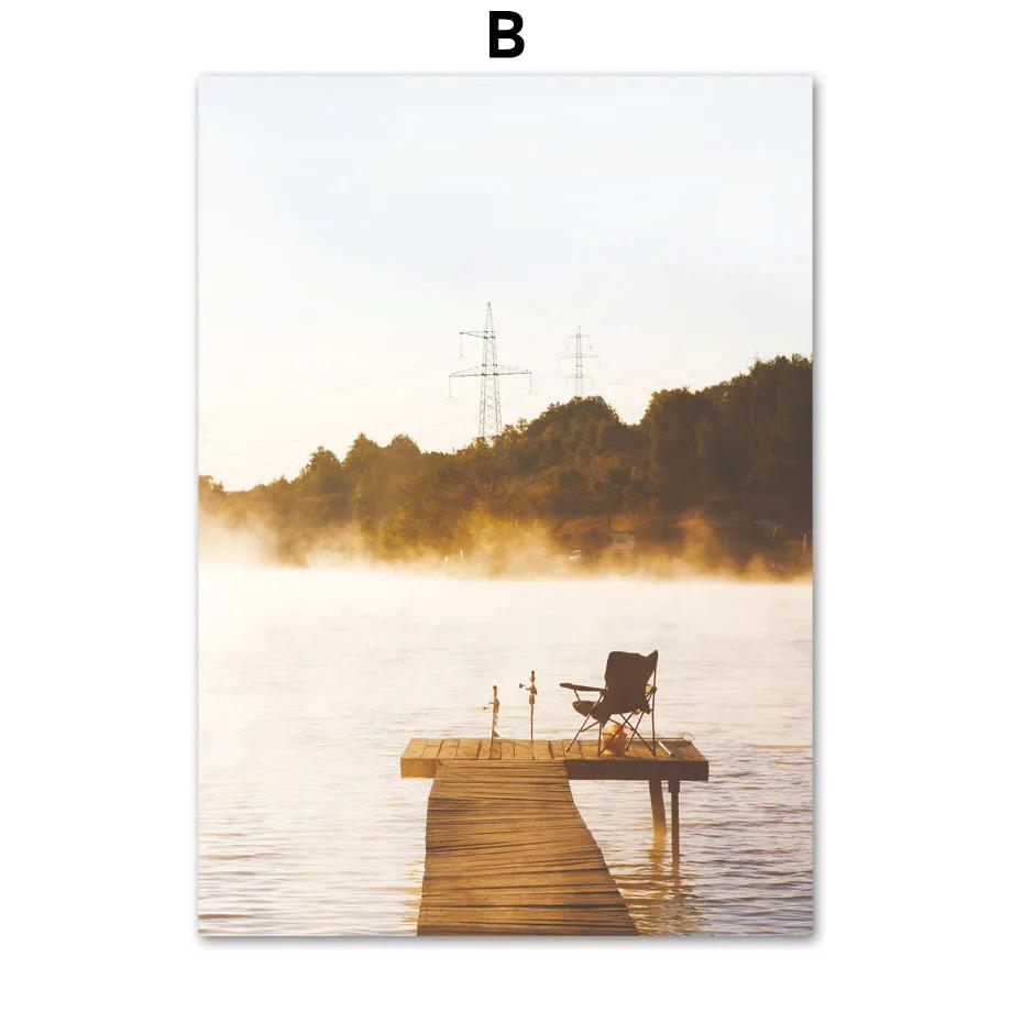 Autumn Bridge Lake Forest Wheat Grass Fall Posters Prints Canvas Painting Nordic Wall Art Pictures For Living Room Home Decor