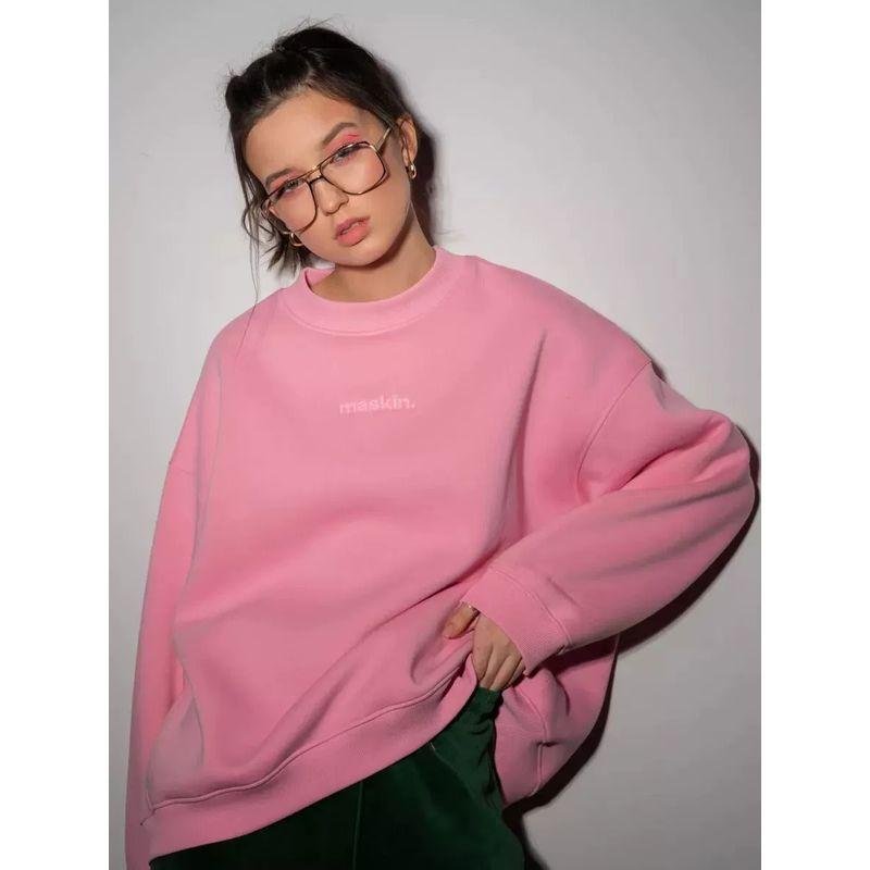 

European and American New Loose Casual round Neck Long sleeve Letters Print Hoodie Loose Letter Printed Top Pink (thin) thin S