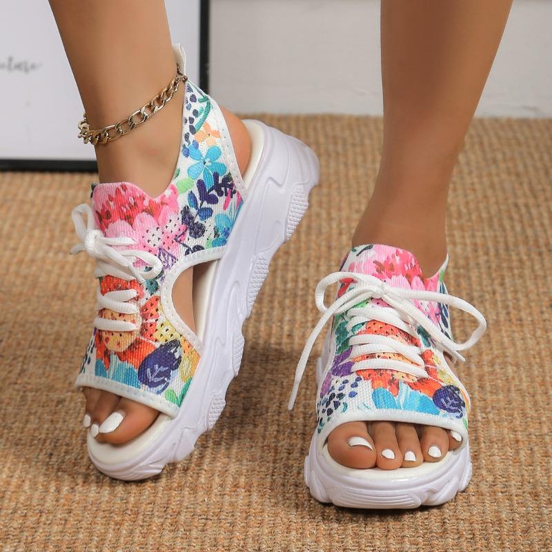 New Mesh Fly-woven Color Front Lace-up Fish Mouth Hollow Platform Sandals Casual Sandals